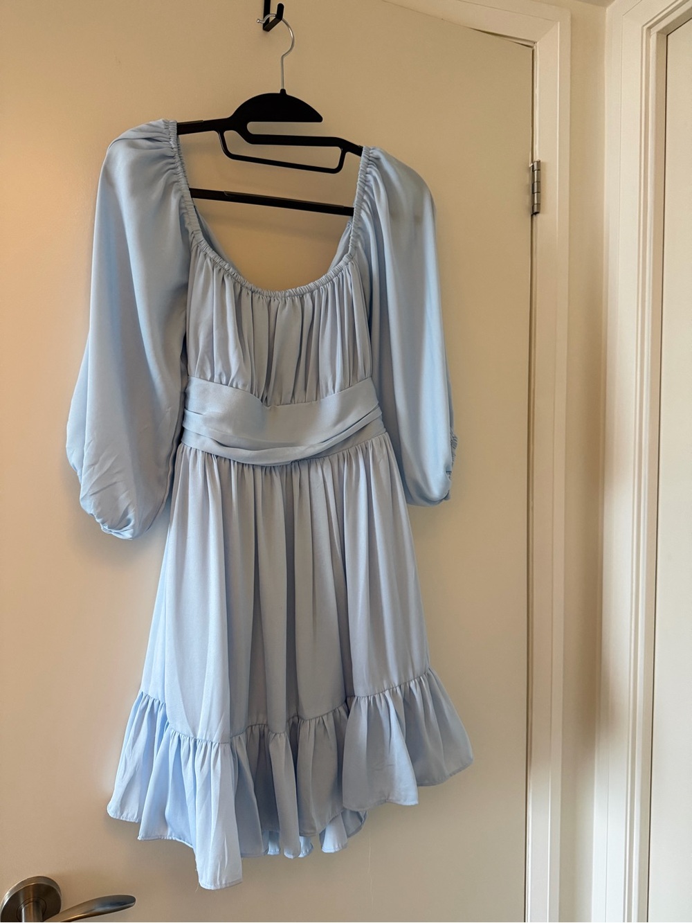 Light Blue Puff-Sleeve Tiered Mini Dress